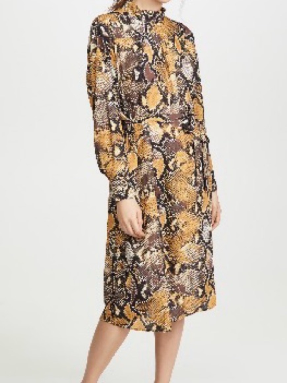 o.p.t. Venus Dress Snake Print Long Sleeve Belted Midi Dress: Mustard and Brown